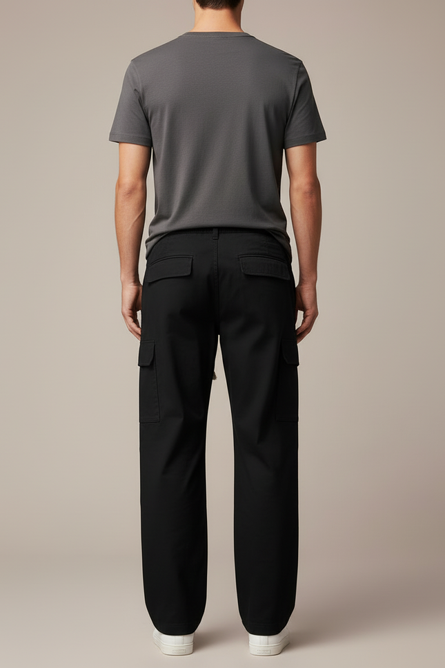 Pantalon Cargo Noir Coton Ample Multipoches Décontracté - vue 2