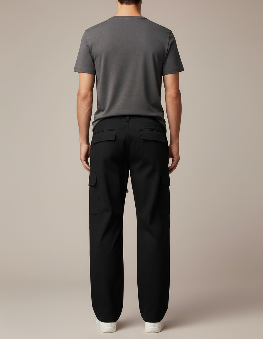 Pantalon Cargo Noir Coton Ample Multipoches Décontracté - vue 2
