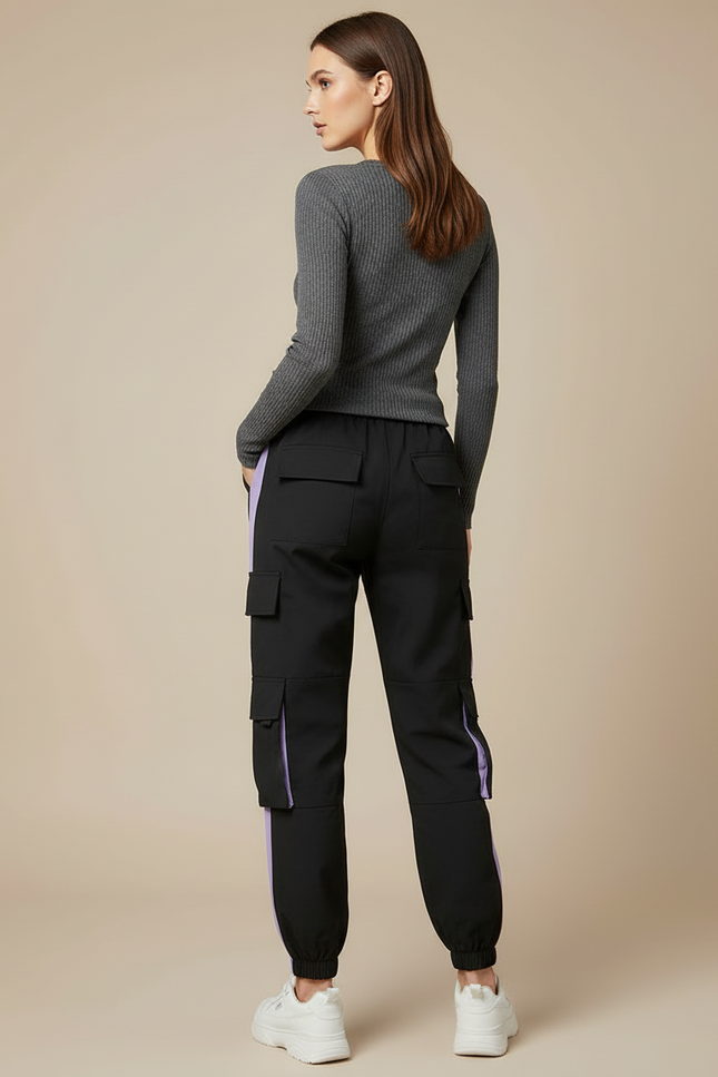Pantalon Cargo Noir Violet Multipoches Sportif Femme - Polyester - vue 2