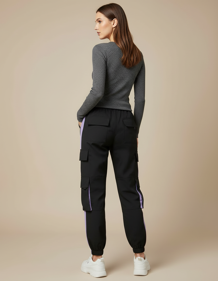 Pantalon Cargo Noir Violet Multipoches Sportif Femme - Polyester - vue 2