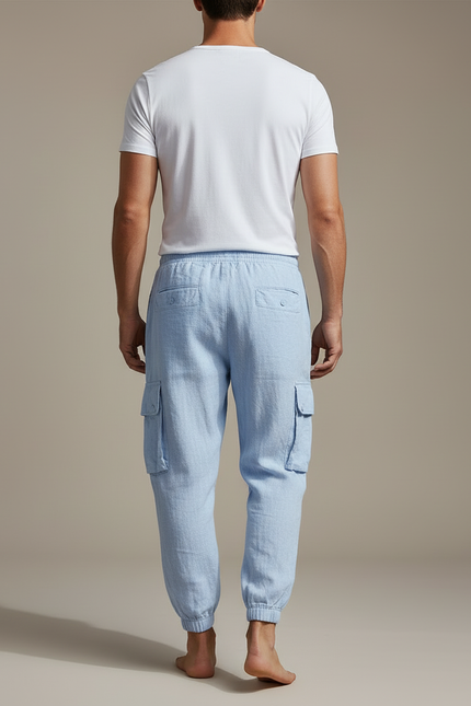 Pantalon Cargo Bleu Ciel Lin Coton Ample Homme - vue 2