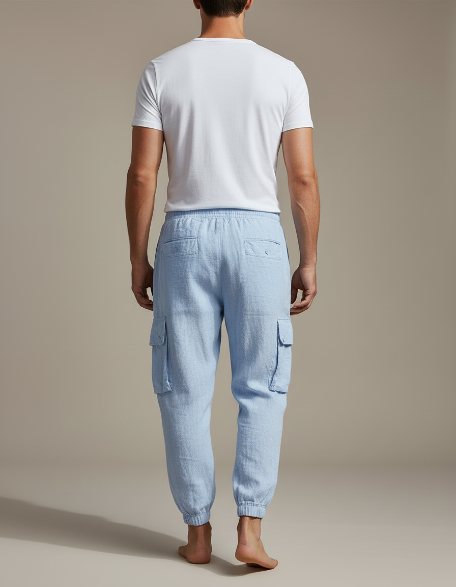 Pantalon Cargo Bleu Ciel Lin Coton Ample Homme - vue 2
