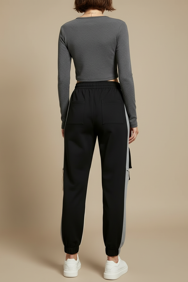 Pantalon Cargo Noir Décontracté Bicolore Multipoches Femme - Multicolore Polyester - vue 2