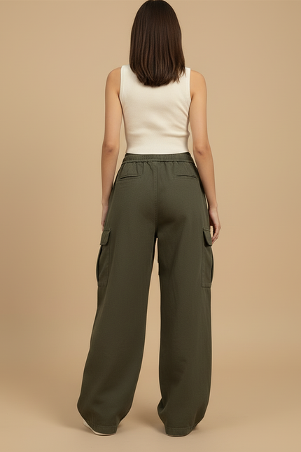 Pantalon Cargo Vert Ample Coton Décontracté Femme - Kaki Molleton - vue 2