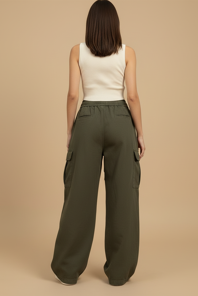 Pantalon Cargo Vert Ample Coton Décontracté Femme - Kaki Molleton - vue 2