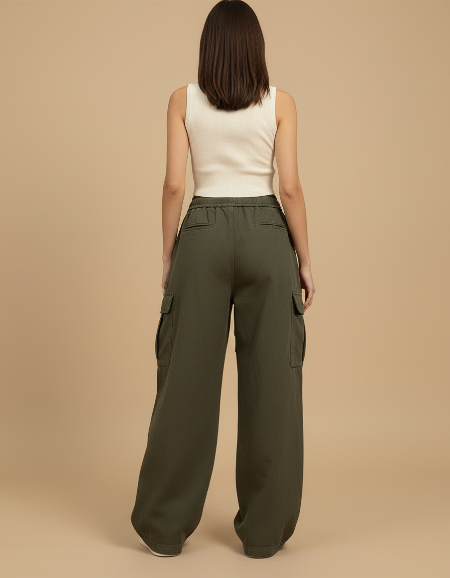 Pantalon Cargo Vert Ample Coton Décontracté Femme - Kaki Molleton - vue 2