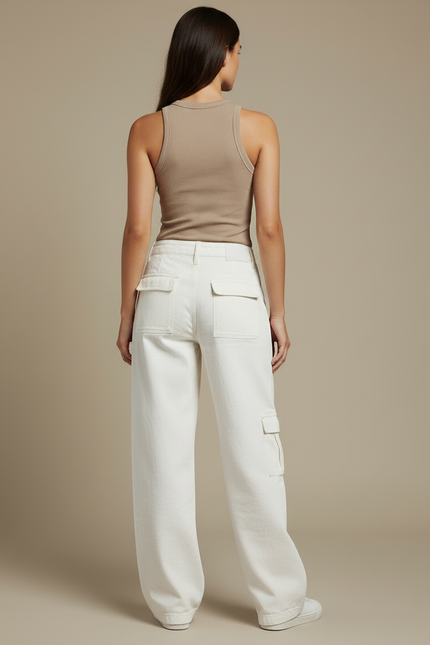 Pantalon Cargo Blanc Cassé Ample Poches Femme - Jean - vue 2