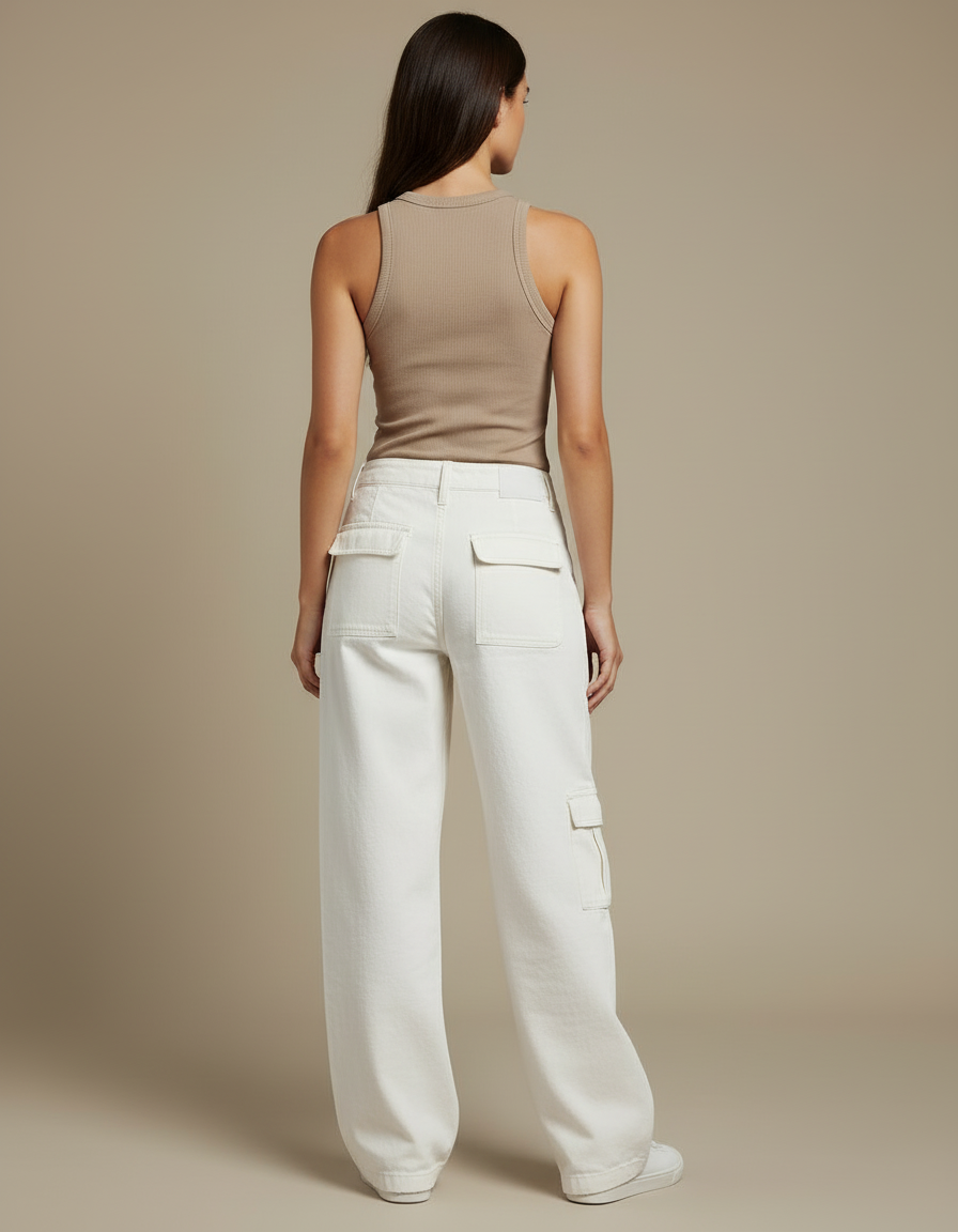 Pantalon Cargo Blanc Cassé Ample Poches Femme - Jean - vue 2