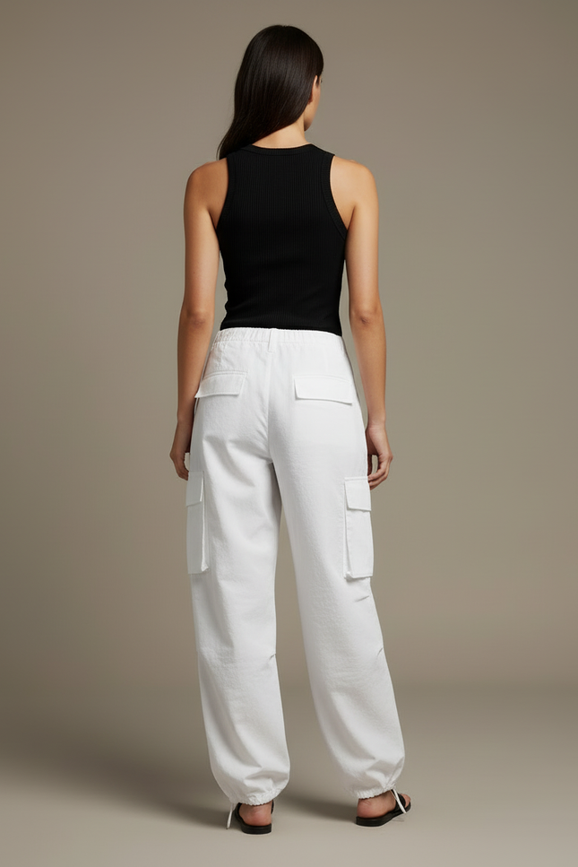 Pantalon Cargo Blanc Ample Cordon Taille Haute - Toile - vue 2