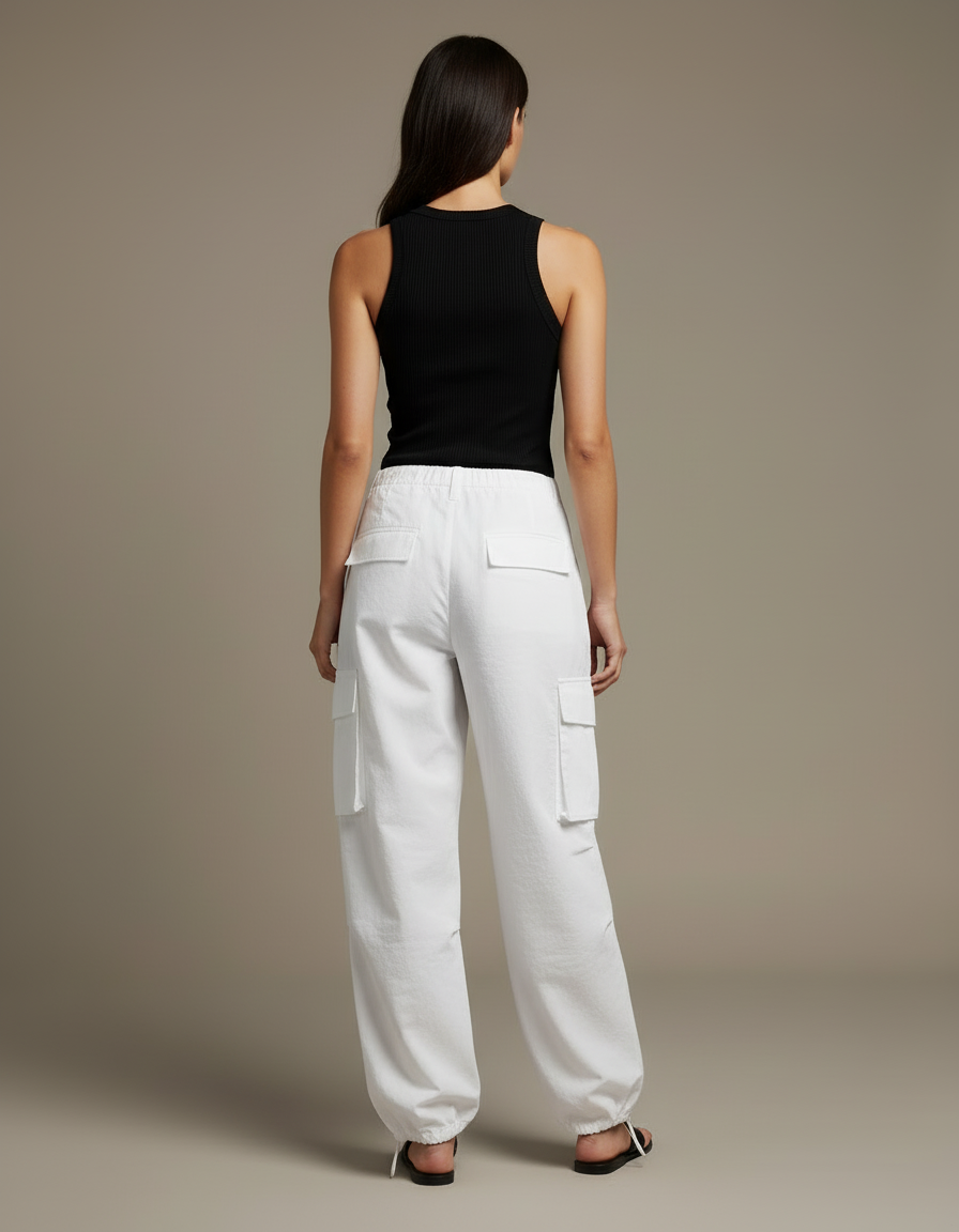 Pantalon Cargo Blanc Ample Cordon Taille Haute - Toile - vue 2