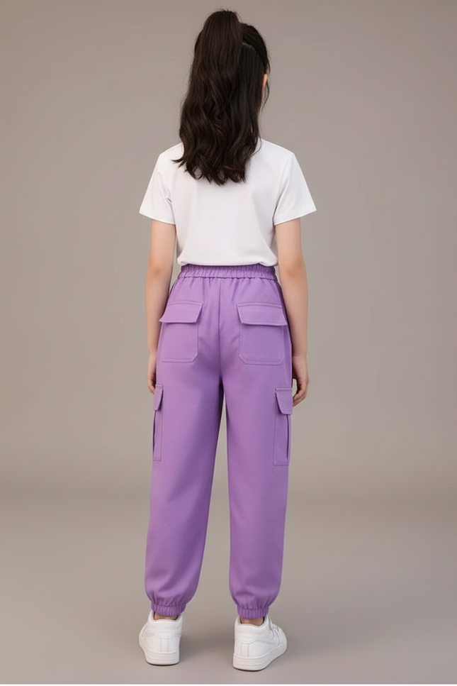 Pantalon Cargo Fille Violet Coton Ample Multipoches - vue 2