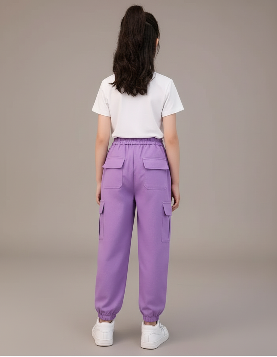 Pantalon Cargo Fille Violet Coton Ample Multipoches - vue 2