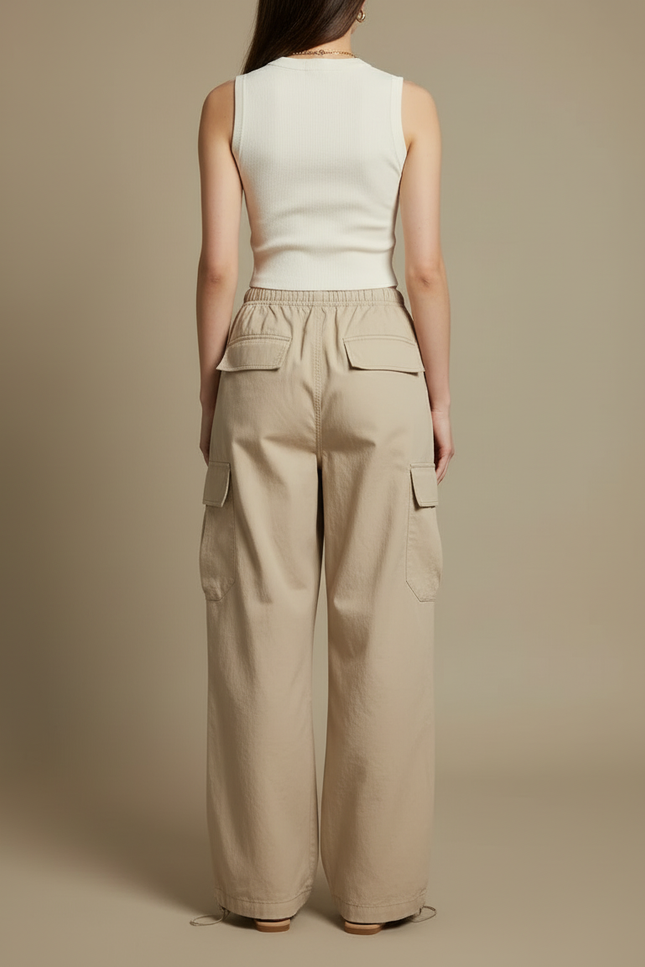 Pantalon Cargo Beige Ample Coton Taille Haute Décontracté Femme - Toile - vue 2