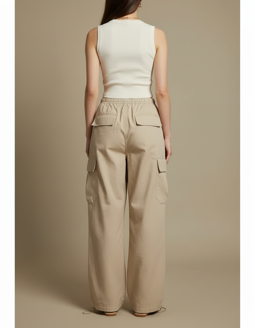 Pantalon Cargo Beige Ample Coton Taille Haute Décontracté Femme - Toile - vue 2