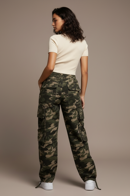 Pantalon Cargo Camouflage Ample Multipoches Militaire - Kaki Toile - vue 2