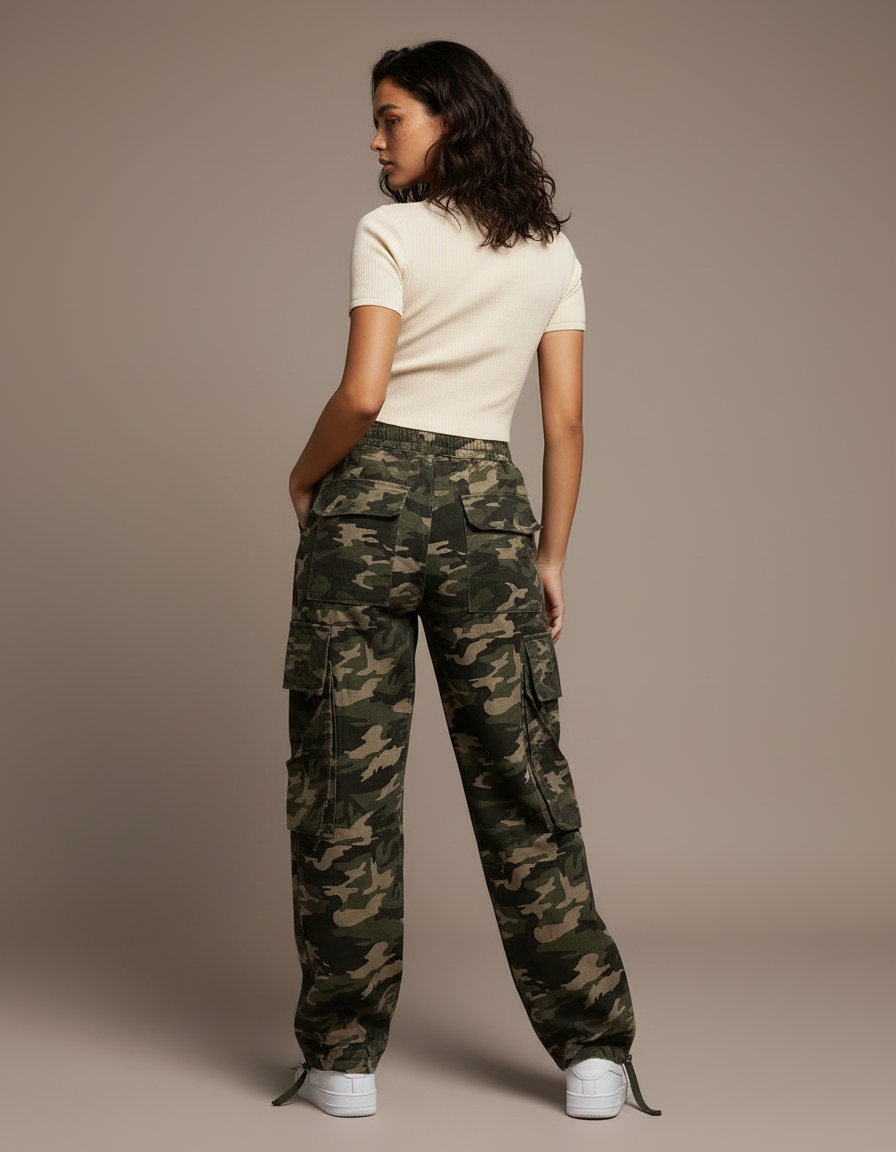 Pantalon Cargo Camouflage Ample Multipoches Militaire - Kaki Toile - vue 2