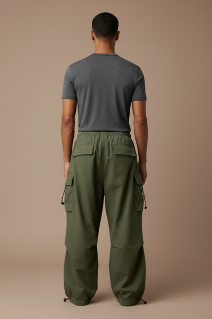 Pantalon Cargo Vert Ample Cordon Streetwear Décontracté - Kaki Toile - vue 2