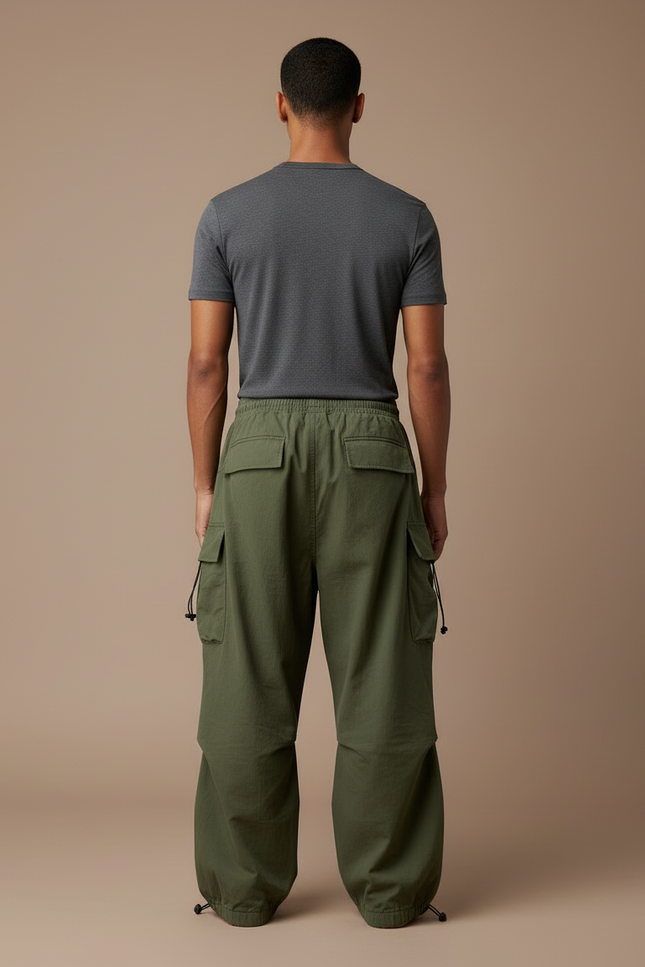 Pantalon Cargo Vert Ample Cordon Streetwear Décontracté - Kaki Toile - vue 2