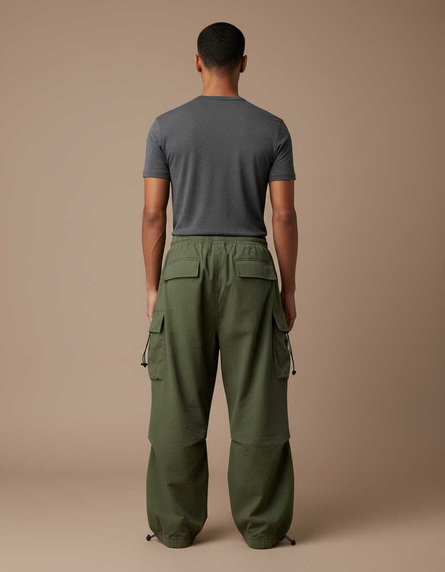 Pantalon Cargo Vert Ample Cordon Streetwear Décontracté - Kaki Toile - vue 2