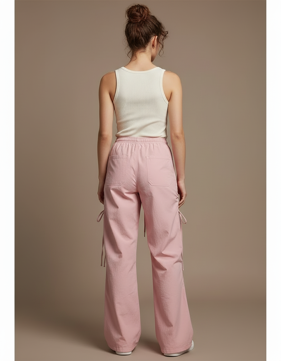 Pantalon Cargo Rose Ample Cordon Streetwear Femme - Toile - vue 2