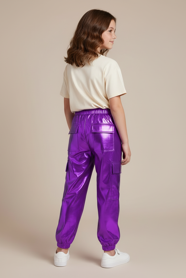 Pantalon Cargo Métallisé Violet Brillant Fille - Polyester - vue 2