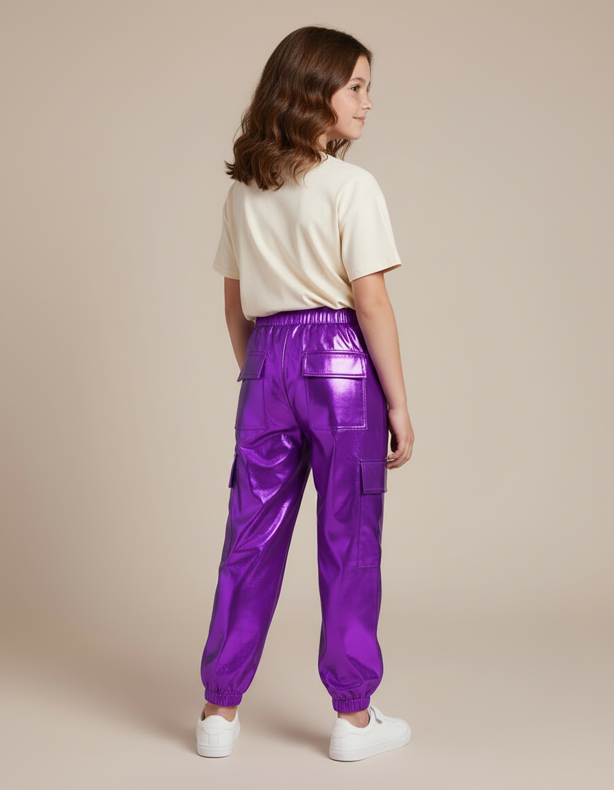 Pantalon Cargo Métallisé Violet Brillant Fille - Polyester - vue 2