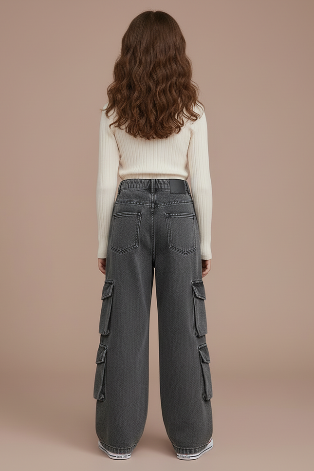 Pantalon Cargo Gris Denim Ample Multipoches Enfant - Jean - vue 2