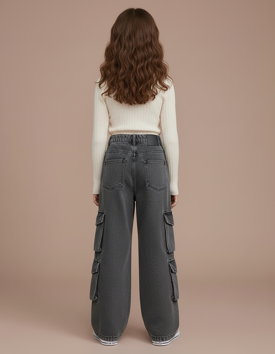 Pantalon Cargo Gris Denim Ample Multipoches Enfant - Jean - vue 2