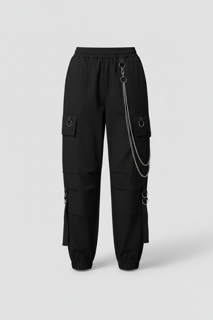 Pantalon Cargo Noir Chaînes Streetwear Femme - Polyester - vue 3