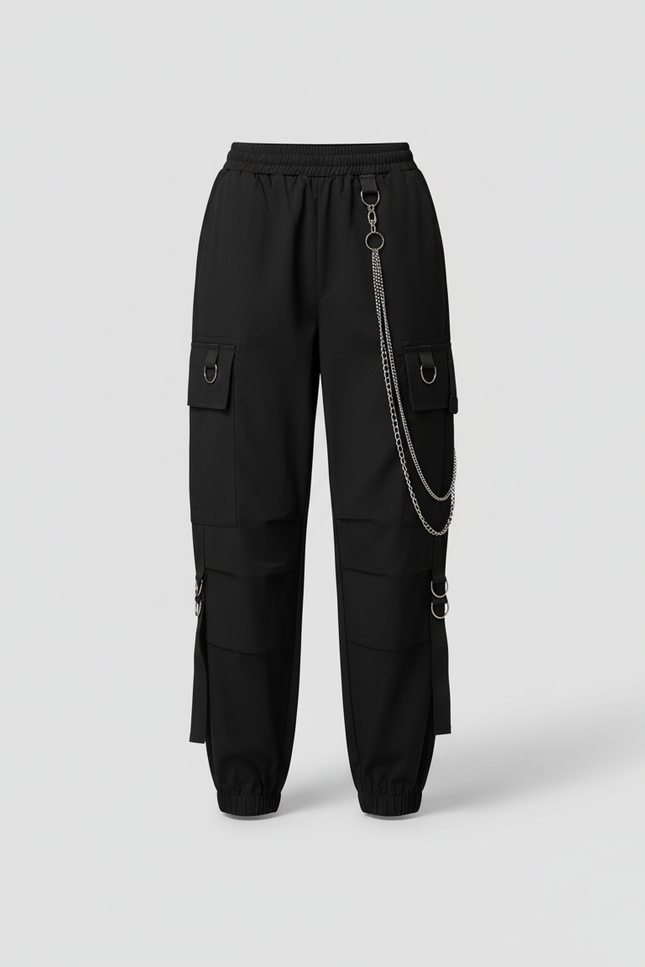 Pantalon Cargo Noir Chaînes Streetwear Femme - Polyester - vue 3