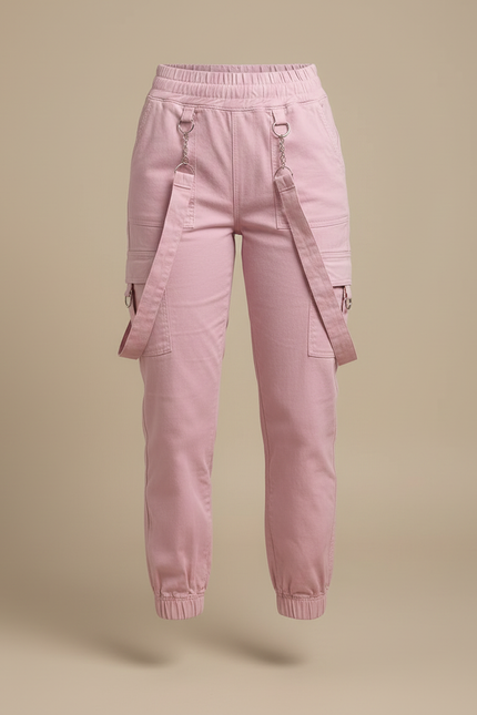 Pantalon Cargo Rose Ample Bretelles Décontracté Femme - Toile - vue 3