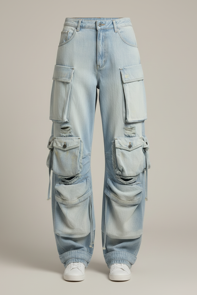 Pantalon Cargo Jean Ample Bleu Multipoches Délavé - vue 3