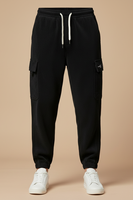 Pantalon Cargo Noir Velours Côtelé Ample Polaire - Cordé - vue 3