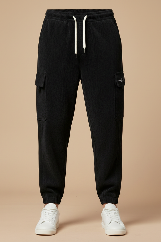 Pantalon Cargo Noir Velours Côtelé Ample Polaire - Cordé - vue 3