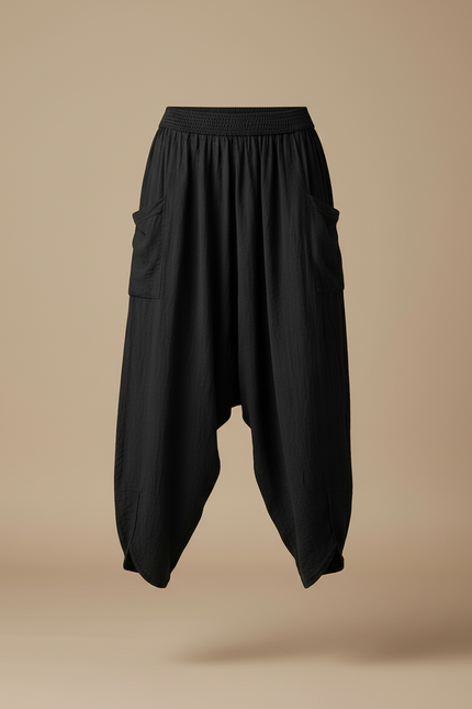 Pantalon Cargo Noir Fluide Ample Coton Lin - vue 3
