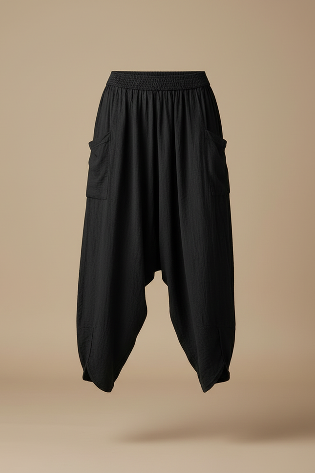 Pantalon Cargo Noir Fluide Ample Coton Lin - vue 3