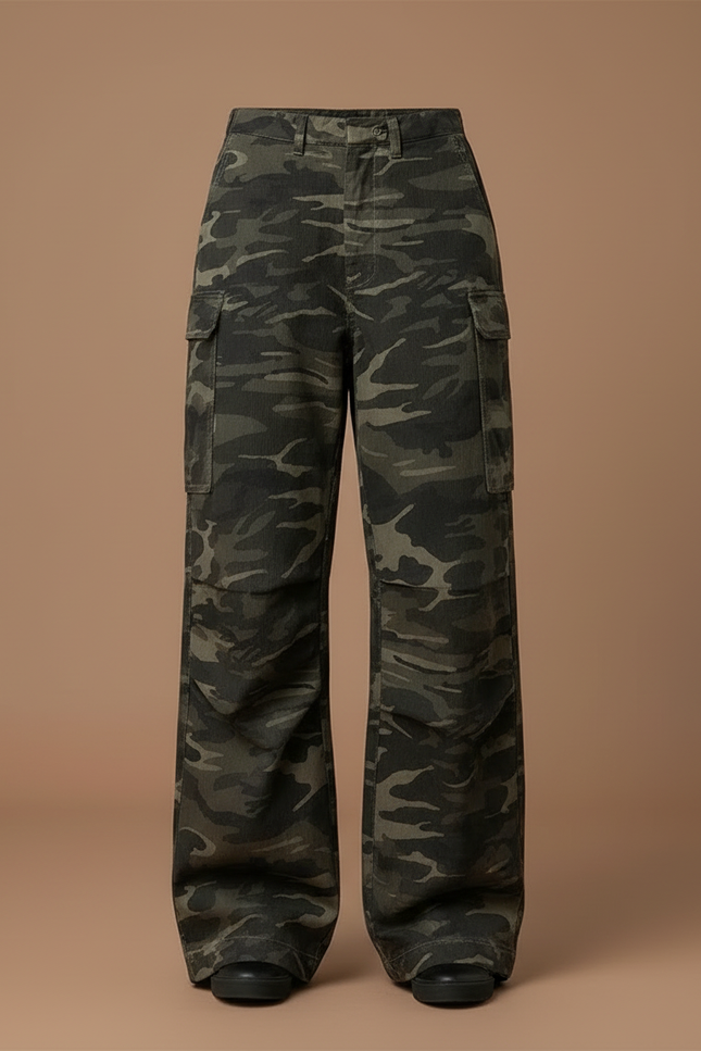 Pantalon Cargo Camouflage Ample Taille Basse Femme Y2K - Multicolore Toile - vue 3