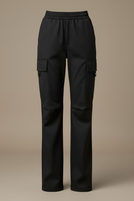 Pantalon Cargo Noir Fluide Ample Taille Haute - Polyester - vue 3