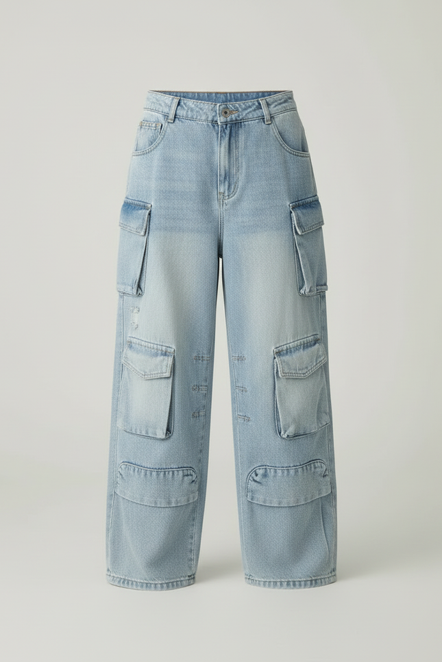 Pantalon Cargo Jean Ample Bleu Multipoches Fille - vue 3