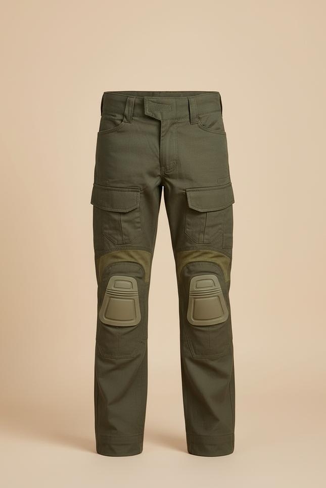 Pantalon Cargo Vert Militaire Genouillères Intégrées Enfant - Kaki Toile - vue 3