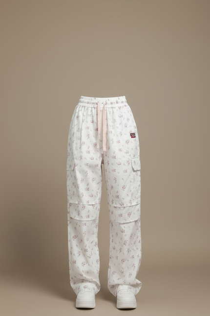 Pantalon Cargo Fleuri Blanc Ample Décontracté Femme - Coton - vue 3