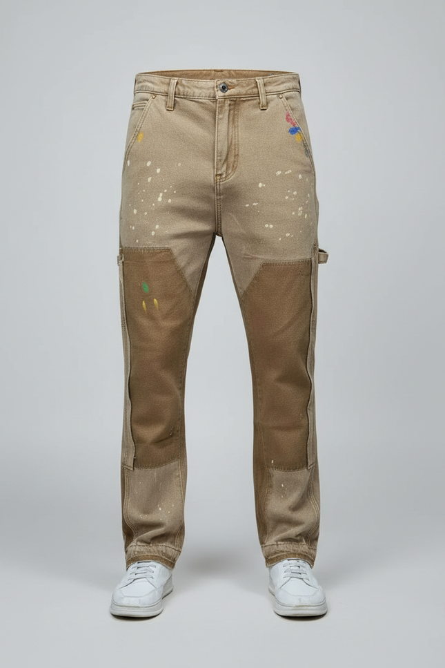 Pantalon Cargo Beige Vintage Peint Patchwork Décontracté - Jean - vue 3