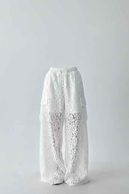 Pantalon Cargo Blanc Ample Dentelle Évasé Transparent - Maille - vue 3