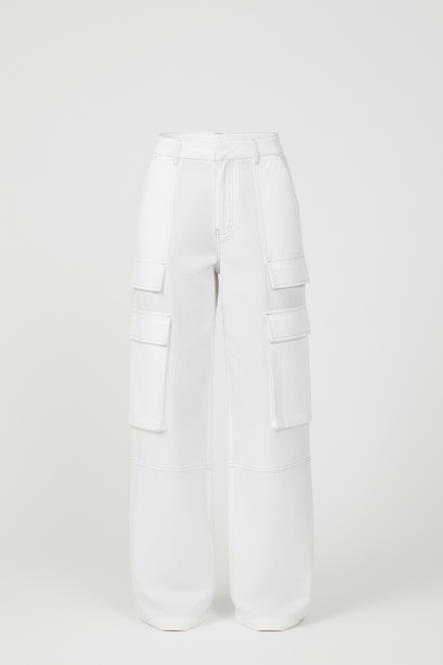 Pantalon Cargo Blanc Ample Taille Haute Poches Larges - Toile - vue 3
