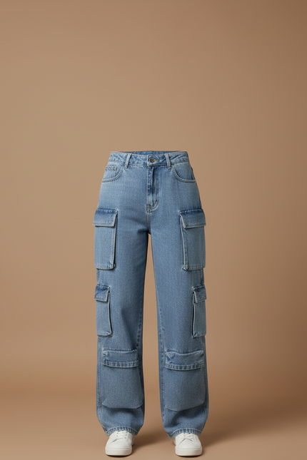 Pantalon Cargo Jean Ample Bleu Multipoches Femme - vue 3