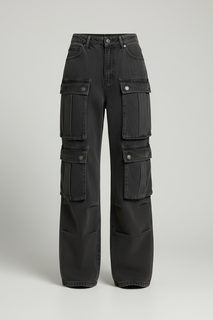 Pantalon Cargo Ample Délavé Multipoches Streetwear Femme - Gris Jean - vue 3