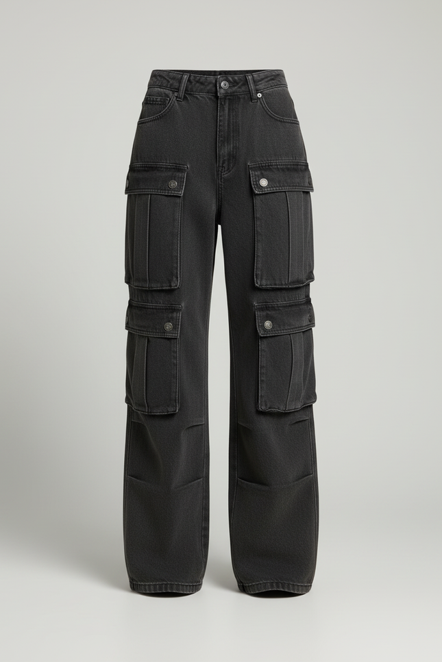 Pantalon Cargo Ample Délavé Multipoches Streetwear Femme - Gris Jean - vue 3