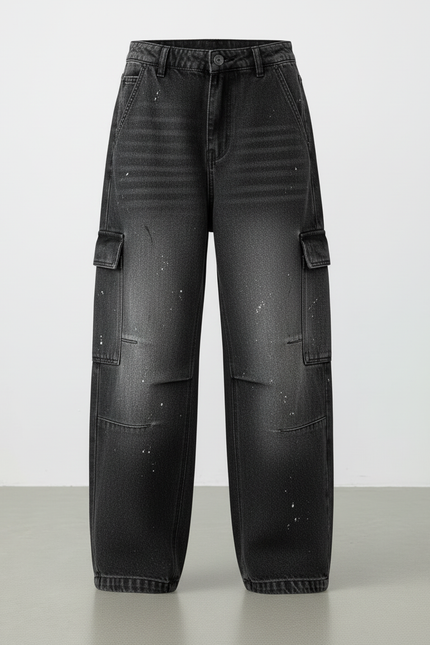 Pantalon Cargo Noir Ample Délavé Multipoches Enfant - Jean - vue 3