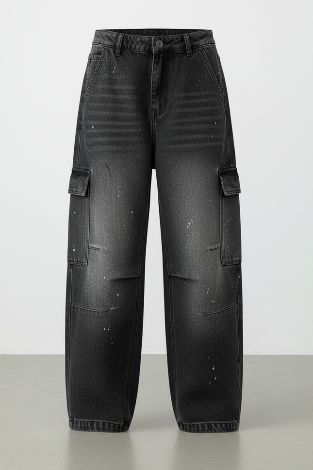 Pantalon Cargo Noir Ample Délavé Multipoches Enfant - Jean - vue 3