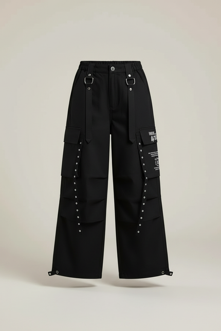 Pantalon Cargo Noir Ample Rivets Fille Streetwear - Toile - vue 3